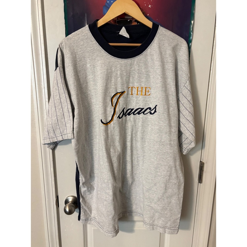 The Isaacs Graphic T Shirt Mens Gray Navy Pinstripe Sleeve  gospel band